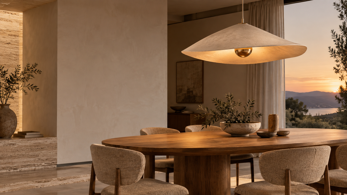 Sculptural pendant light illuminating a warm contemporary dining space