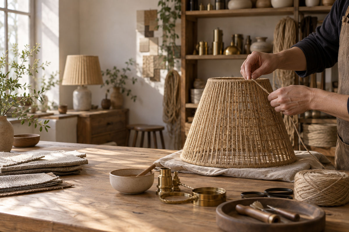 Artisan finishing a woven natural-fiber lampshade in a lighting workshop